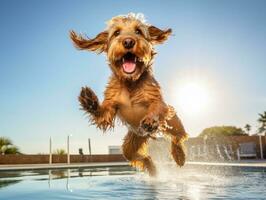 humide et joyeux chien saut dans une bassin sur une chaud été journée ai génératif photo