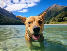 amical chien dans une clair bleu Lac ai génératif photo