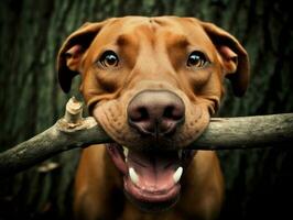 sûr chien avec une bâton dans ses bouche prêt pour une Jeu de aller chercher ai génératif photo