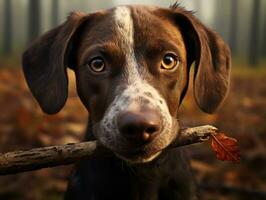 sûr chien avec une bâton dans ses bouche prêt pour une Jeu de aller chercher ai génératif photo