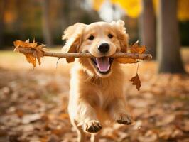 sûr chien avec une bâton dans ses bouche prêt pour une Jeu de aller chercher ai génératif photo