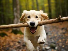 sûr chien avec une bâton dans ses bouche prêt pour une Jeu de aller chercher ai génératif photo