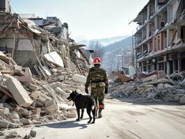 qualifié chercher et porter secours chien travail avec diligence dans une catastrophe zone ai génératif photo