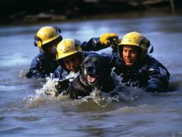 qualifié chercher et porter secours chien travail avec diligence dans une catastrophe zone ai génératif photo