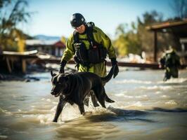 qualifié chercher et porter secours chien travail avec diligence dans une catastrophe zone ai génératif photo