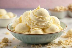 vanille la glace crème avec amandes dans une bol sur une blanc Contexte. ai génératif photo