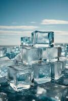 la glace cubes sur congelé Lac avec bleu ciel et blanc des nuages dans Contexte. ai génératif photo