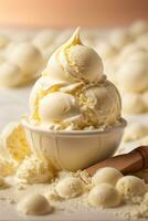 vanille la glace crème avec amandes dans une bol sur une blanc Contexte. ai génératif photo