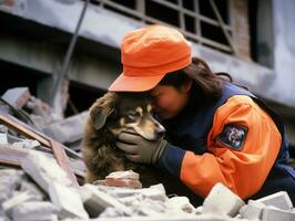 qualifié chercher et porter secours chien travail avec diligence dans une catastrophe zone ai génératif photo