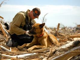 qualifié chercher et porter secours chien travail avec diligence dans une catastrophe zone ai génératif photo