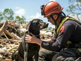 qualifié chercher et porter secours chien travail avec diligence dans une catastrophe zone ai génératif photo