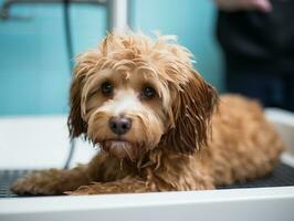 serein chien profiter une massage à une animal de compagnie spa ai génératif photo