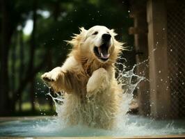 humide et joyeux chien saut dans une bassin sur une chaud été journée ai génératif photo