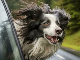 content chien équitation dans une voiture avec ses tête en dehors le fenêtre ai génératif photo