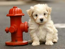 mignonne chiot séance par une Feu bouche d'incendie ai génératif photo