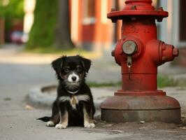 mignonne chiot séance par une Feu bouche d'incendie ai génératif photo