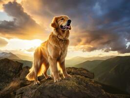 majestueux chien permanent fièrement sur une Montagne de pointe ai génératif photo