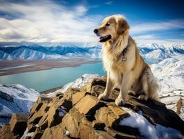 majestueux chien permanent fièrement sur une Montagne de pointe ai génératif photo