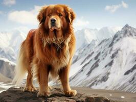 majestueux chien permanent fièrement sur une Montagne de pointe ai génératif photo