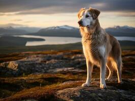 majestueux chien permanent fièrement sur une Montagne de pointe ai génératif photo