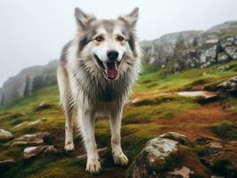 majestueux chien permanent fièrement sur une Montagne de pointe ai génératif photo