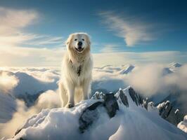 majestueux chien permanent fièrement sur une Montagne de pointe ai génératif photo