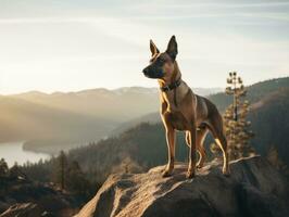 majestueux chien permanent fièrement sur une Montagne de pointe ai génératif photo