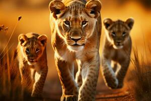 savane scène lionne et petits traverser le sauvage, sauvage terrain ai généré photo