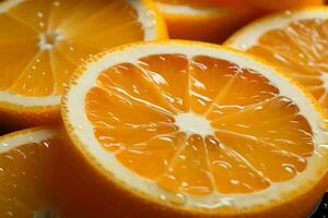 vibrant Orange tranches en haut fermer, éclatement avec juteux agrumes la bonté ai généré photo