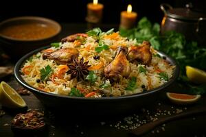 délicieux poulet biryani avec une côté de aromatique à la vapeur basmati riz ai généré photo