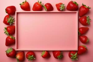 fraise cadres minimalisme sur une doux rose mat, rouge séduire ai généré photo