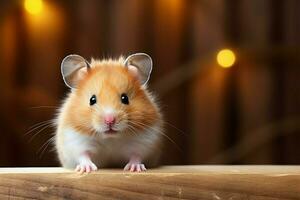 duveteux joue hamster en haut proche contre une rustique en bois texture ai généré photo