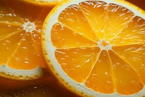 juteux agrumes tranches fraîchement Couper des oranges dans vibrant, proche en haut détail ai généré photo