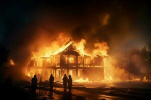 brûlant maison Feu amené en dessous de contrôle par une déterminé sapeur pompier équipe ai généré photo