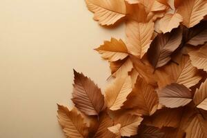 minimalisme Haut vue de l'automne feuilles modèle sur doux marron ai généré photo