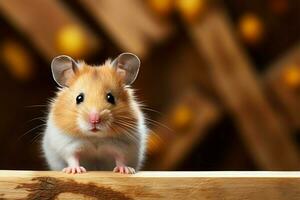 hamsters charme dans une proche en haut sur texturé rustique en bois toile de fond ai généré photo