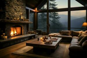 confortable vivant chambre, cheminée, Montagne paysage toile de fond, attrayant chaleur ai généré photo
