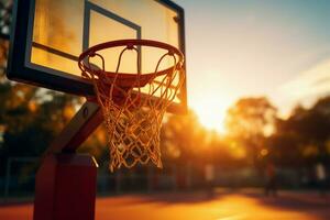 basketball cerceau brille dans le lumière du soleil, une symbole de sport ai généré photo