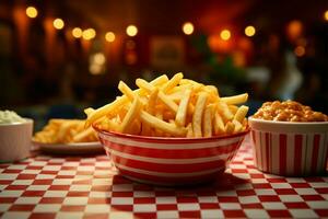 à carreaux Contexte compléments le dîner panier rempli avec français frites ai généré photo