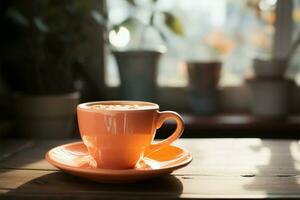 une moment de calme avec un Orange café tasse sur une table ai généré photo