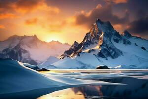 le réglage Soleil des peintures le neigeux Montagne intervalle avec radiant couleurs ai généré photo