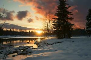 hiver paysage se transforme en dessous de le ardent teintes de une réglage Soleil ai généré photo