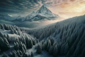 en haut dans le montagnes, une haute altitude hiver pays des merveilles enchante tout ai généré photo