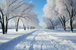 Urbain parc paysage neige chargé des arbres fournir texte amical Contexte espace ai généré photo