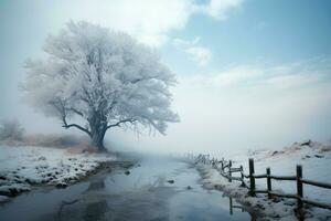 le silencieux élégance de une magnifique hiver, une congelé chef-d'oeuvre ai généré photo