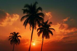 paume arbre silhouettes en dessous de un Orange ciel, le exemple de paradis ai généré photo