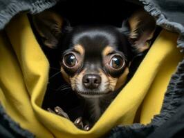 malicieux chien furtivement en dehors de une confortable couverture fort ai génératif photo