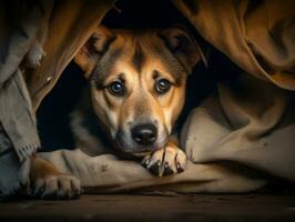 malicieux chien furtivement en dehors de une confortable couverture fort ai génératif photo