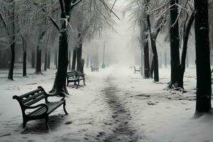 une hanté, hiver scène dans Janvier, où des arbres faire le deuil dans monochrome ai généré photo
