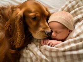 aimant chien fouineur une nouveau née bébé dans une lit de bébé ai génératif photo